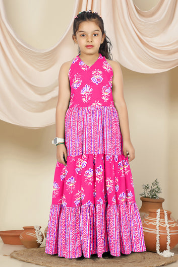 Girls Pink Cotton Floral Printed Tiered Maxi Dress
