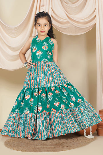Girls Turquoise Cotton Floral Printed Tiered Maxi Dress