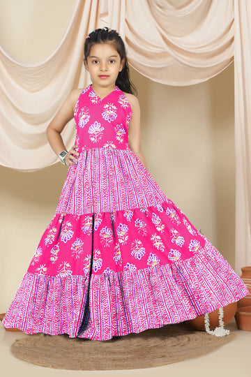 Girls Pink Cotton Floral Printed Tiered Maxi Dress