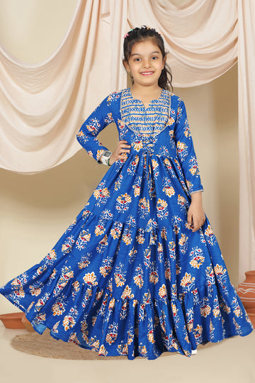 Girls Blue Cotton Floral Printed Tiered Maxi Dress