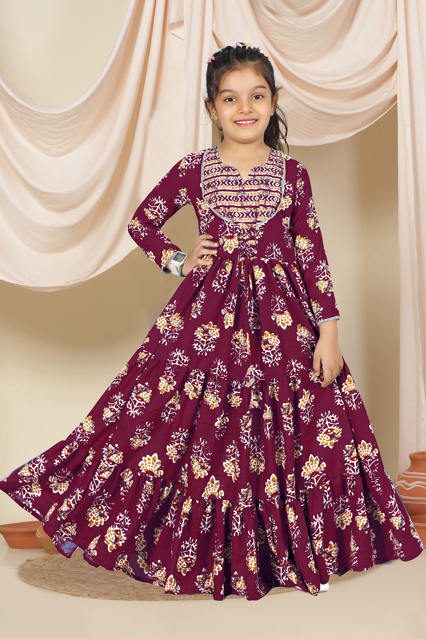 girls cotton maxi dress Girls Maroon Cotton Floral Printed Tiered Maxi Dress