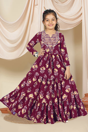 Girls Maroon Cotton Floral Printed Tiered Maxi Dress