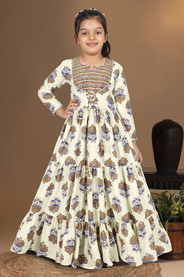 Girls Beige Cotton Floral Printed Tiered Maxi Dress