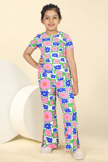 Girls Multicolor Lycra Blend Printed Clothing Set