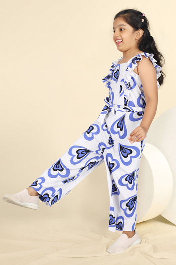 Girls White Cotton Blend Hart printed Ankel Legnth Jumpsuits