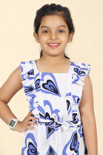 Girls White Cotton Blend Hart printed Ankel Legnth Jumpsuits