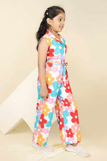 Girls's Multicolor Cotton Blend Florel Printed Jumpsuit