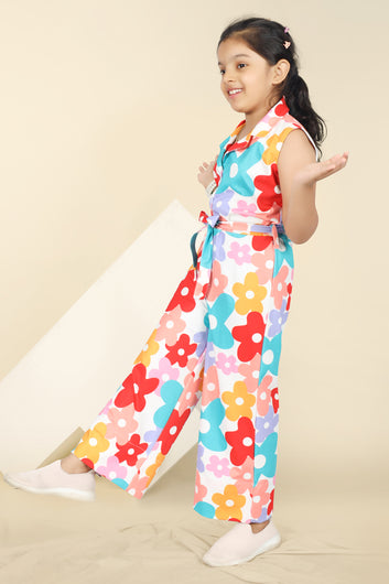 Girls's Multicolor Cotton Blend Florel Printed Jumpsuit