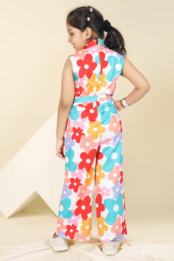 Girls's Multicolor Cotton Blend Florel Printed Jumpsuit