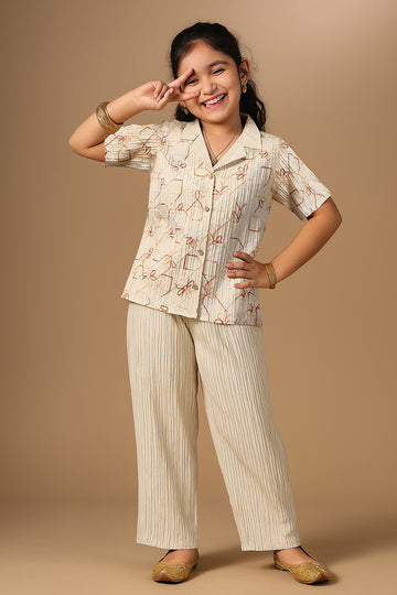 Girls's Chikoo Cotton Blend Embroidered Top and Pant Set