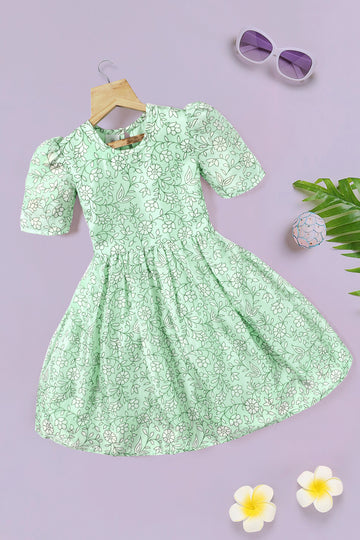 Girls Pista Tabby Organza Floral Printed Fit & Flare Knee Length Dress