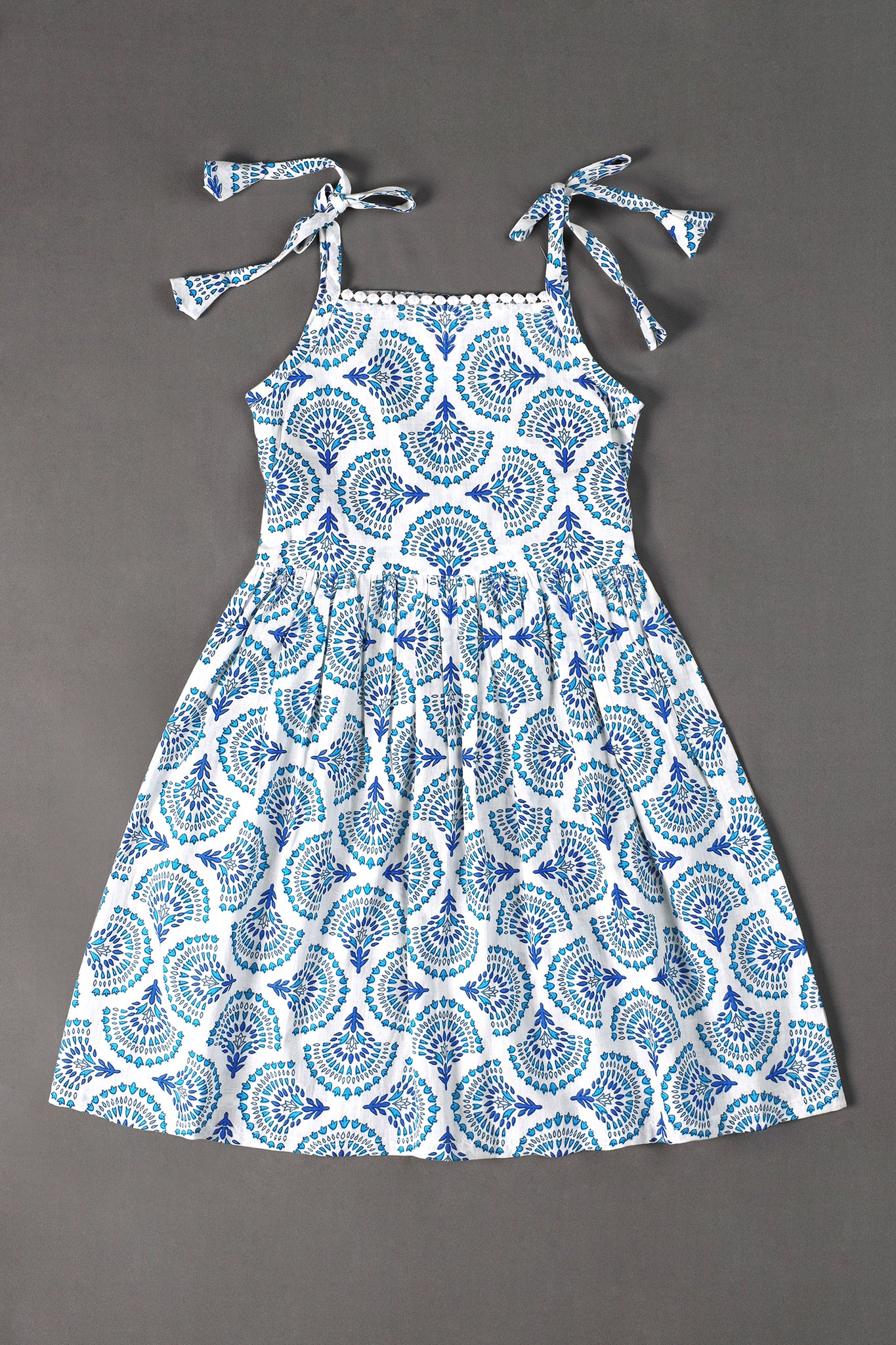 Girls Light Blue Cotton Blend Motif Printed Fit And Flare Knee Length Dress