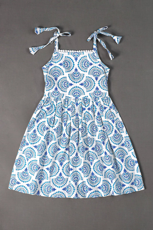 Girls Light Blue Cotton Blend Motif Printed Fit And Flare Knee Length Dress