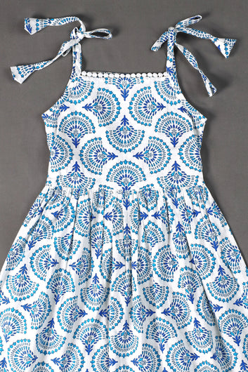 Girls Light Blue Cotton Blend Motif Printed Fit And Flare Knee Length Dress