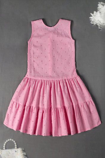 Girls Baby Pink Cottton Blend Solid A-line Casual Knee Length Dress