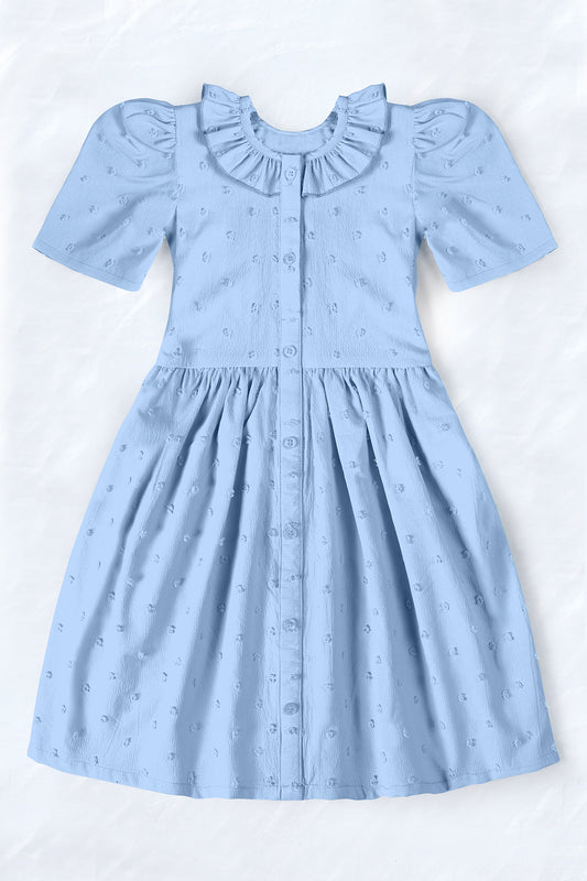 Girls Light Blue Cottton Blend Solid A-line Casual Knee Length Dress