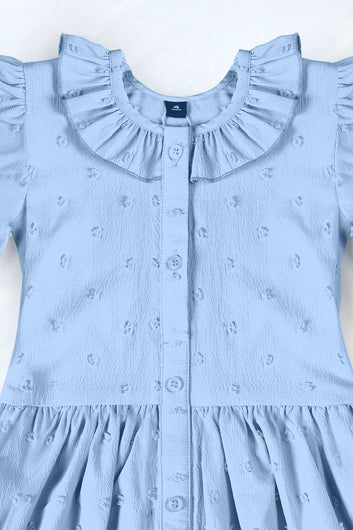 Girls Light Blue Cottton Blend Solid A-line Casual Knee Length Dress