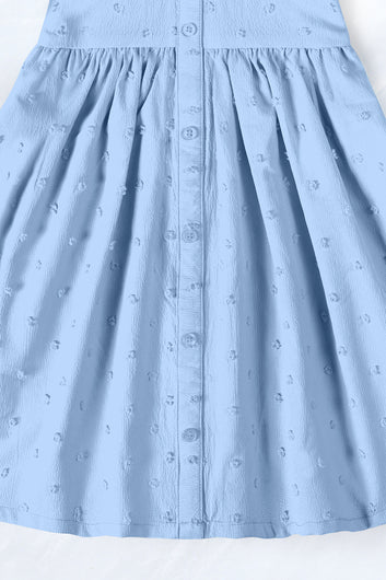 Girls Light Blue Cottton Blend Solid A-line Casual Knee Length Dress