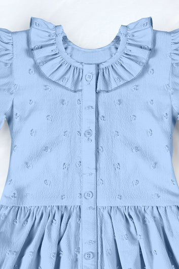 Girls Light Blue Cottton Blend Solid A-line Casual Knee Length Dress