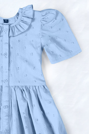 Girls Light Blue Cottton Blend Solid A-line Casual Knee Length Dress