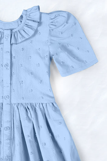 Girls Light Blue Cottton Blend Solid A-line Casual Knee Length Dress