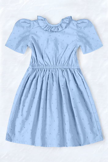 Girls Light Blue Cottton Blend Solid A-line Casual Knee Length Dress