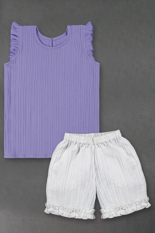 Girls Lavender Cotton Blend Solid Top With Shorts Set