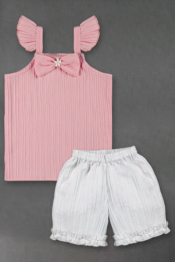 Girls Pink Cotton Blend Solid Top With Shorts Set