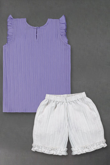 Girls Lavender Cotton Blend Solid Top With Shorts Set