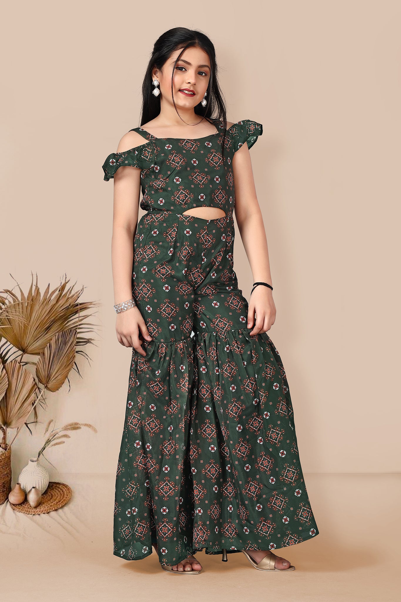 Girls Ankle Length Patola Printed Ethnic Jumpsuit