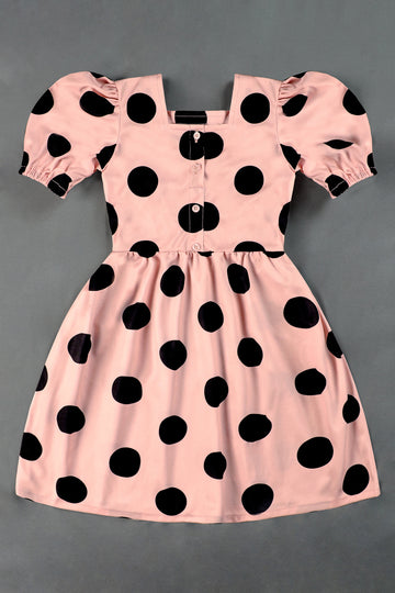 Girls Peach Cotton Blend Polka Dot Printed Fit And Flare Knee Length Dress