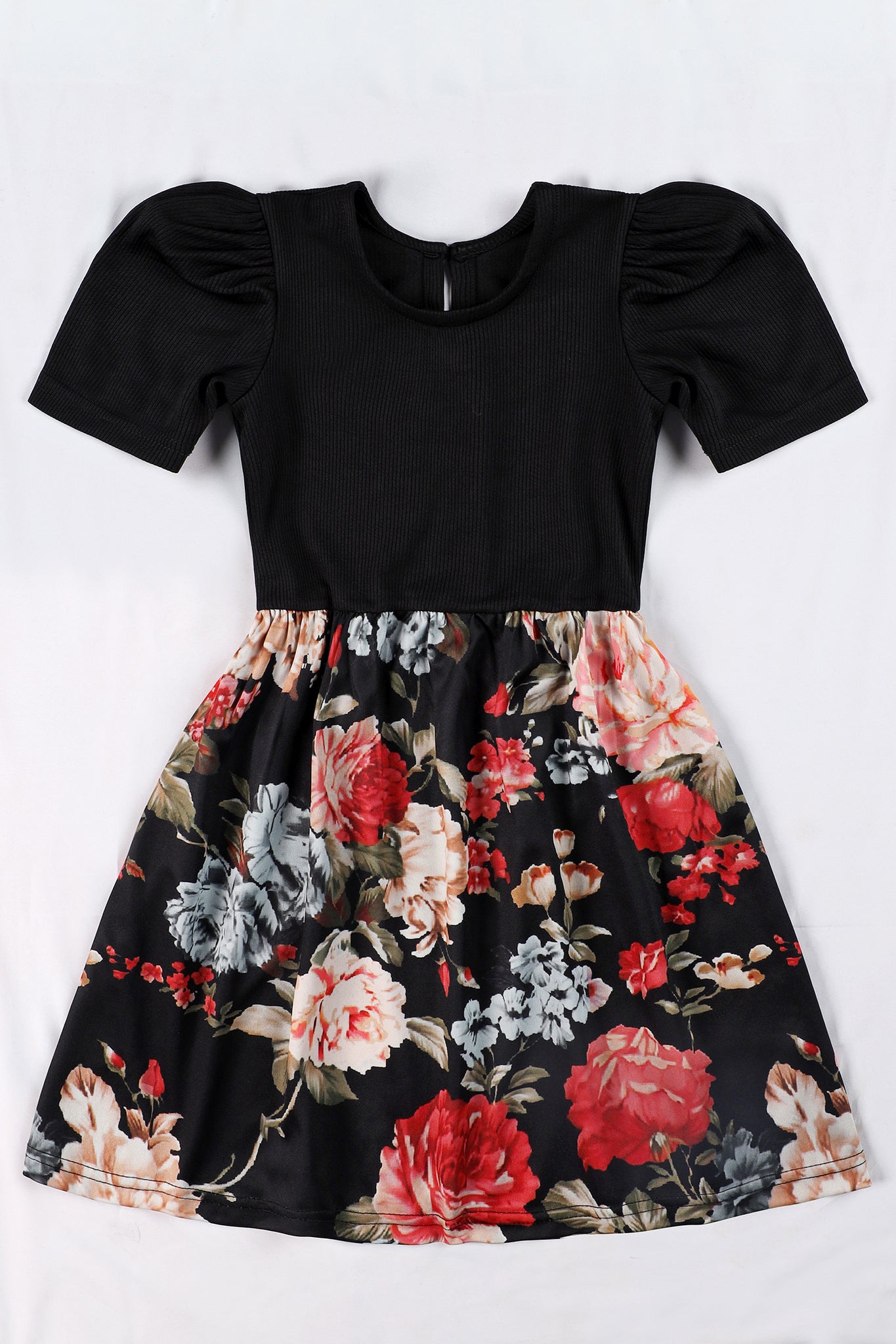 Girls Black Cotton Blend Floral Printed Fit And Flare Knee Length Dress