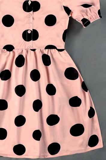 Girls Peach Cotton Blend Polka Dot Printed Fit And Flare Knee Length Dress