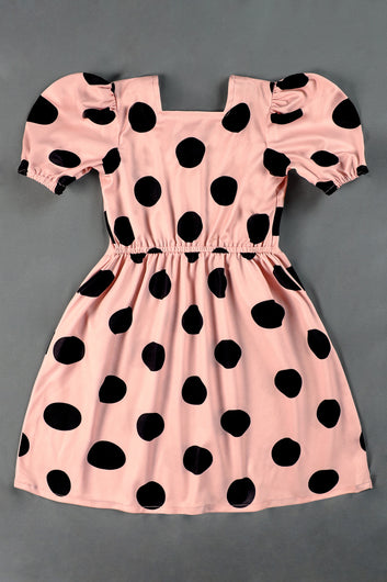 Girls Peach Cotton Blend Polka Dot Printed Fit And Flare Knee Length Dress