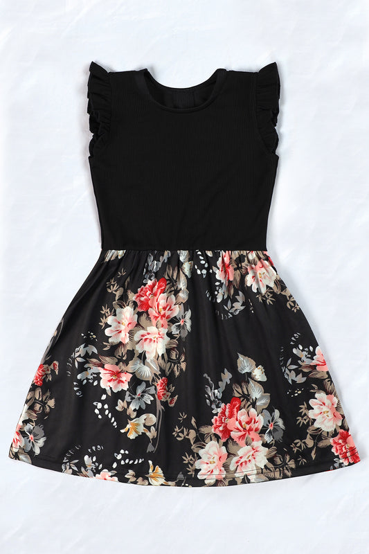 Girls Black Cottton Blend Floral Printed Fit And Flare Knee Length Dress