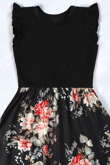 Girls Black Cottton Blend Floral Printed Fit And Flare Knee Length Dress