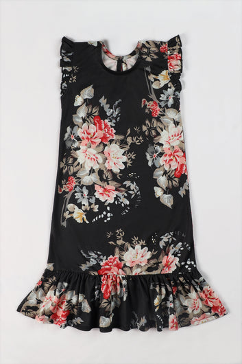 Girls Black Cotton Blend Floral Printed Fit And Flare Knee Length Dress