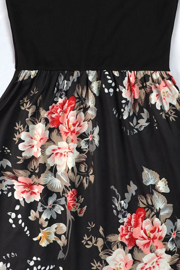 Girls Black Cottton Blend Floral Printed Fit And Flare Knee Length Dress