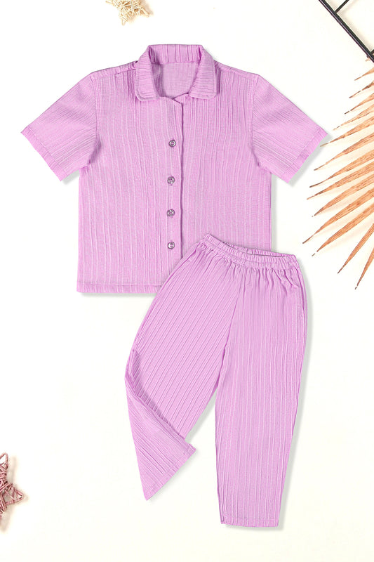 Girls Lilac Cotton Blend Solid Top With Shorts Set