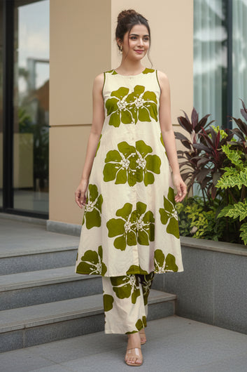 Women Mehndi Rayon Florel Printed Kurta and Palazzo Set