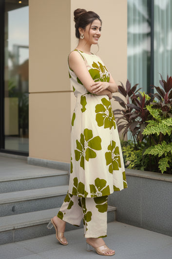 Women Mehndi Rayon Florel Printed Kurta and Palazzo Set