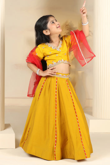 Girls Mustard Roman Silk Embroidered Lehenga Choli With Dupatta Set Traditional 3-Piece Festive Outfit for Kids