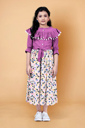 Girls Purple Crepe Printed Calf Length Dress