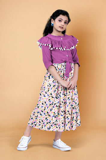 Girls Purple Crepe Printed Calf Length Dress