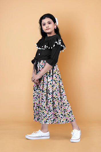 Girls Black Crepe Printed Calf Length Dress