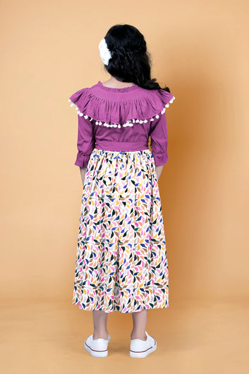 Girls Purple Crepe Printed Calf Length Dress
