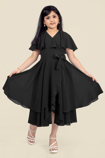 Girls Black Georgette Solid Fit And Flare Knee Length Dress