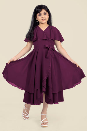 Girls Wine Georgette Solid Fit And Flare Knee Length Dress