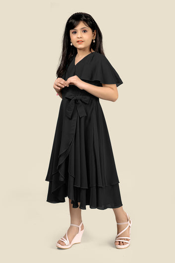 Girls Black Georgette Solid Fit And Flare Knee Length Dress