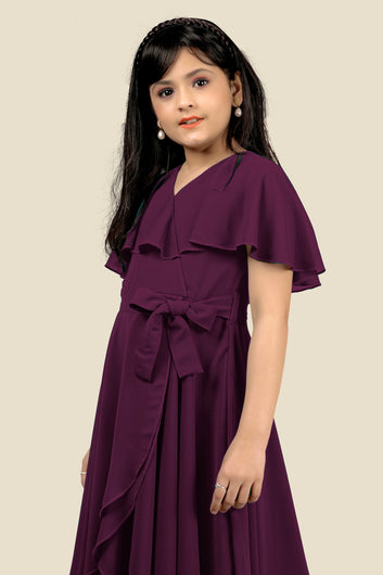 Girls Wine Georgette Solid Fit And Flare Knee Length Dress